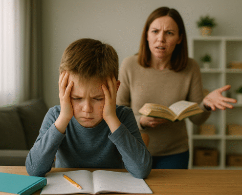 Elterndruck und Kinderstress bei der Hausaufgabe. Generiert mit KI